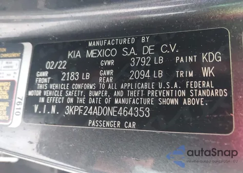 2022 Kia Forte Lxs из США, поврежденный, VIN 3KPF24AD0NE464353